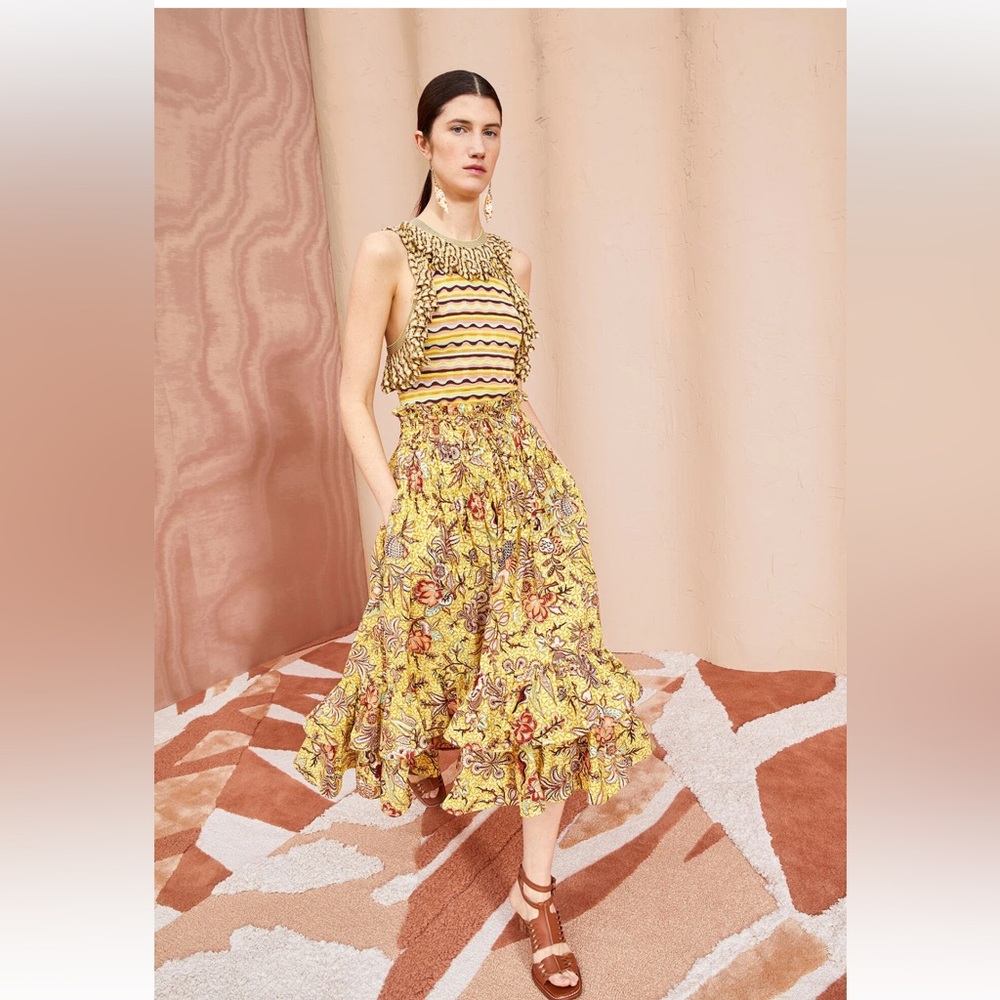 Ulla Johnson Yellow Floral Ruffled Midi Skirt